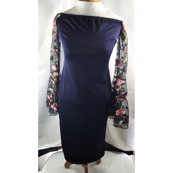 Club L London Size 14 Navy Embroidered Floral Sheer Bell Sleeve Cocktail Dress - Picture 1 of 8